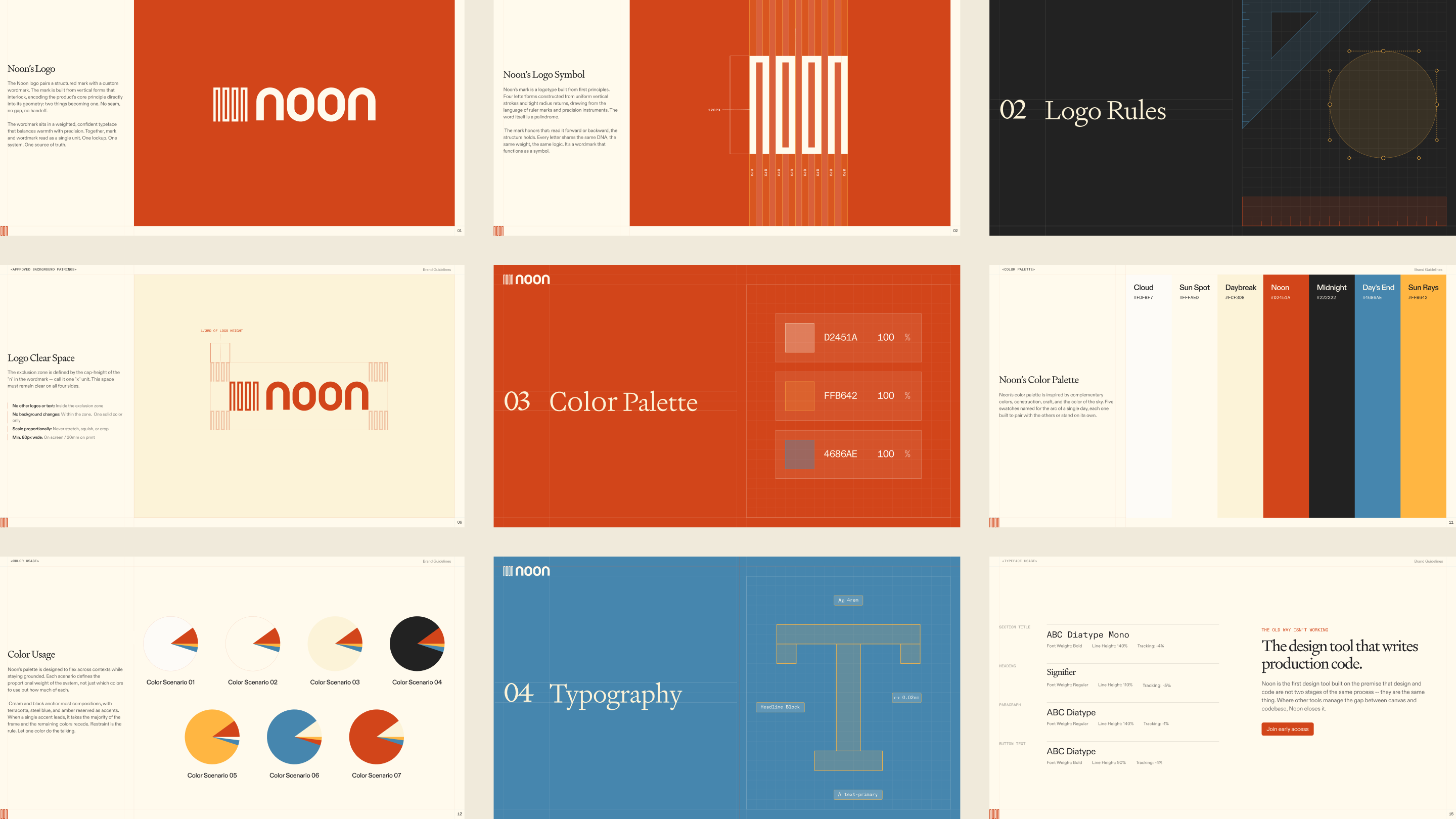noon brand guidelines board: logo, logo symbol, logo rules, clear space, color palette, color usage, and typography
