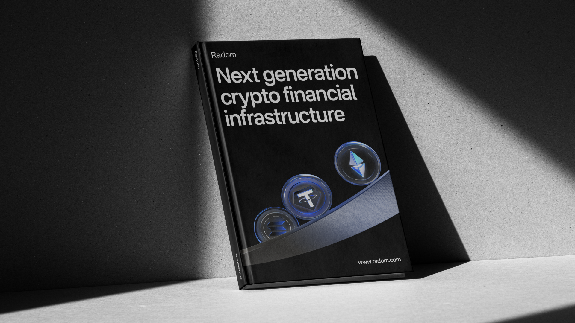 Radom hardcover book mockup, cover reading 'Next generation crypto financial infrastructure'