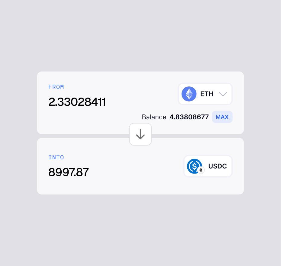 Radom crypto swap interface converting 2.33 ETH into 8997.87 USDC